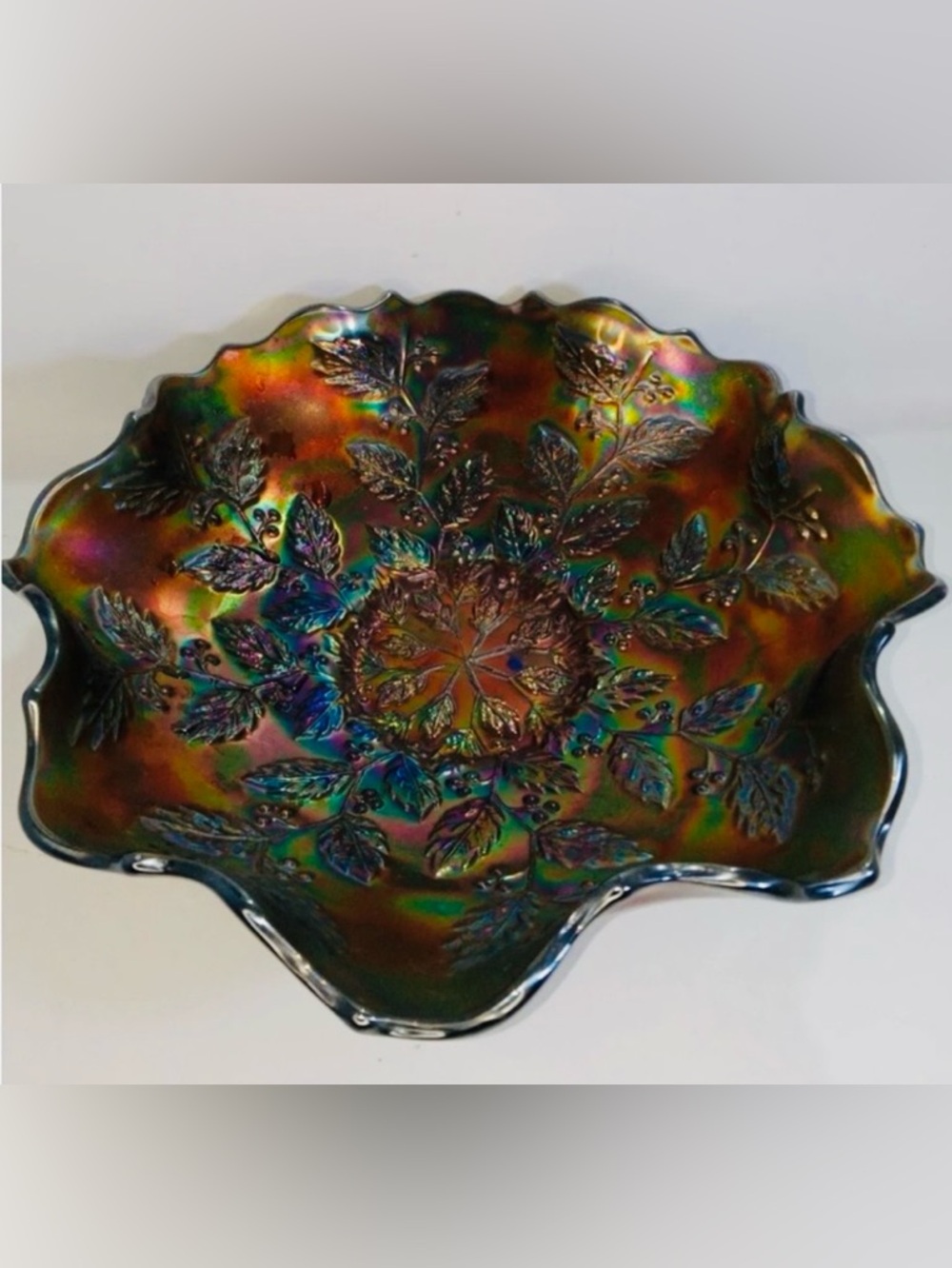 Antique Fenton Electric Blue Holly & Berry Carnival Glass Ruffled Bowl 9”